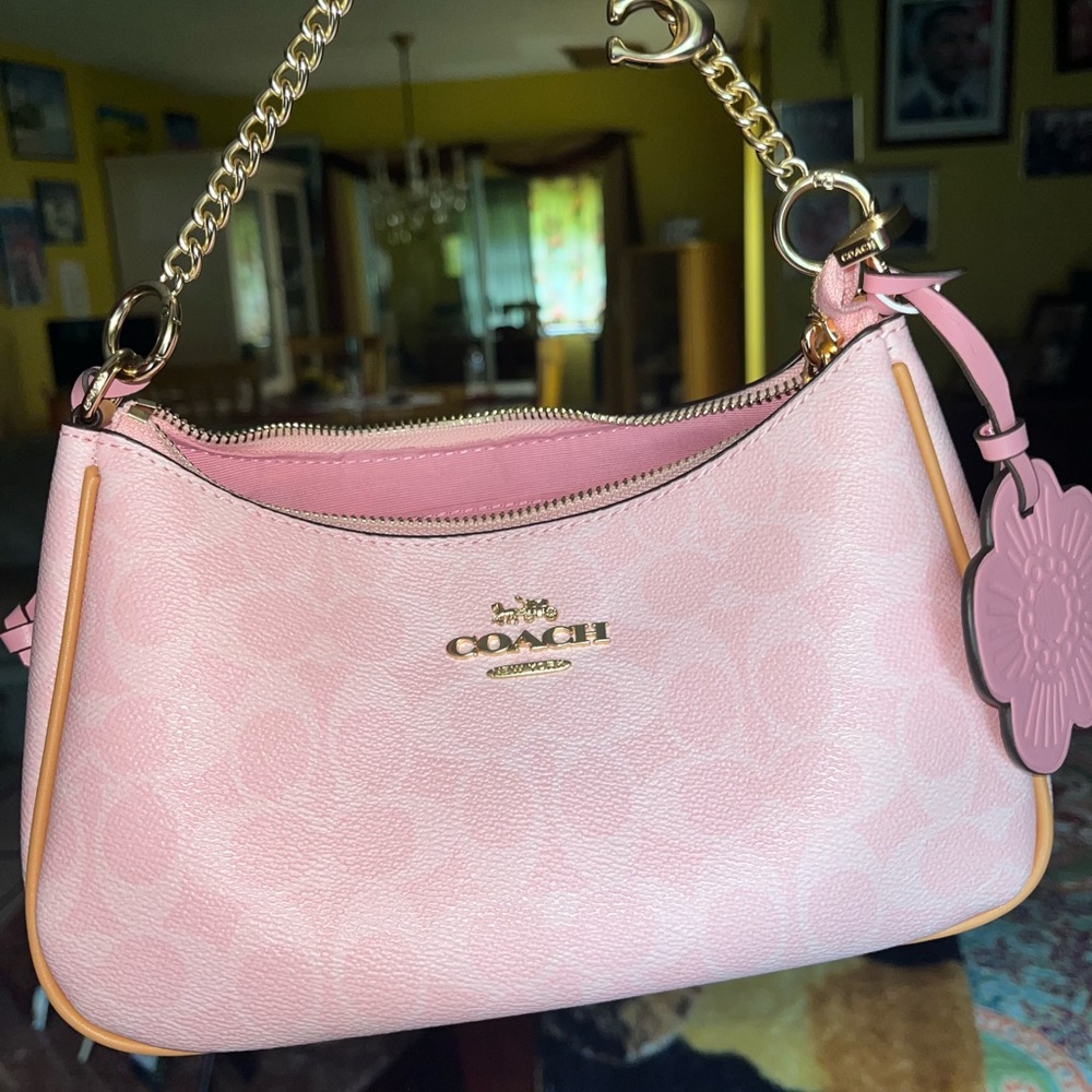 Coach Pink Signature Chain-Accent Shoulder Bag